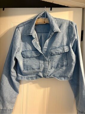 indulge Light Blue Cropped Denim-Style Jacket